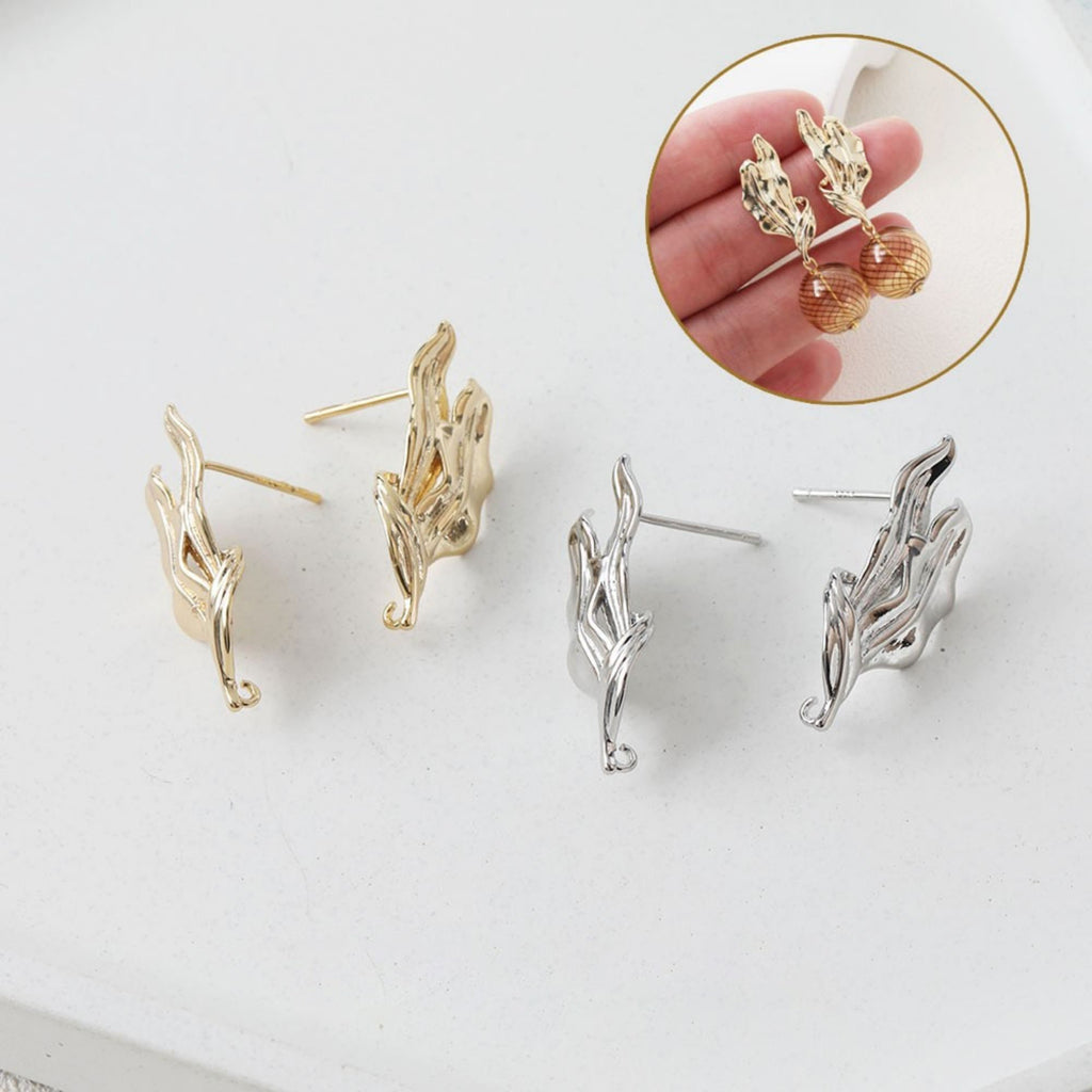 Irregular Leaf Ear Post With Loop, S925 Silver Ear Pin Nickel Free Earrings, Gold/Silver Ear Stud, Hypoallergenic Earring Findings BB120