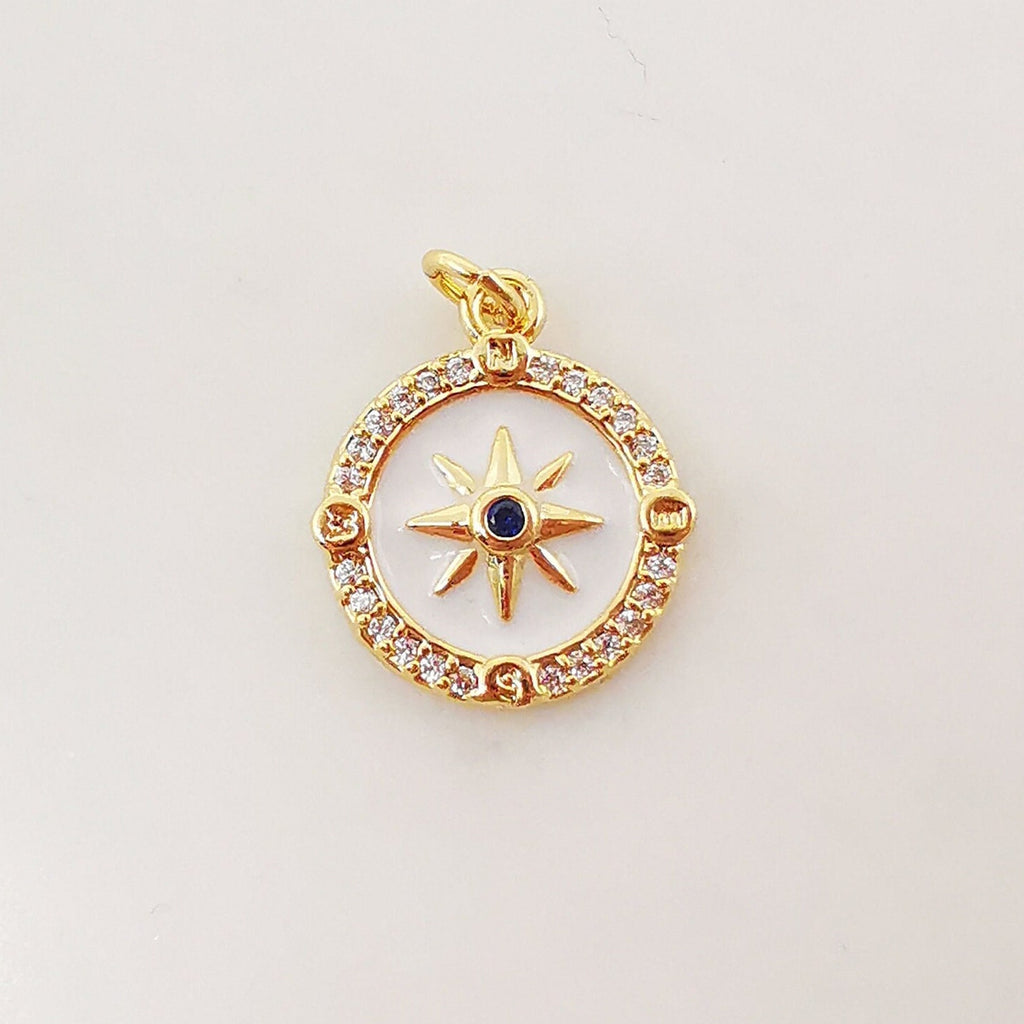 Enamel North Star Charms, Coin Cubic Pave Star Pendant, 18K Gold Plated, 13mm, Necklace Making Star Charms, Jewelry Findings S20236