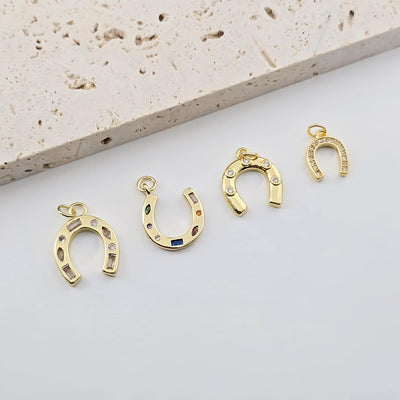 Gold Horseshoe Charm, 18K Gold CZ Pave Pendant, 18K Gold Plated, Rainbow CZ, Jewelry Findings S1281