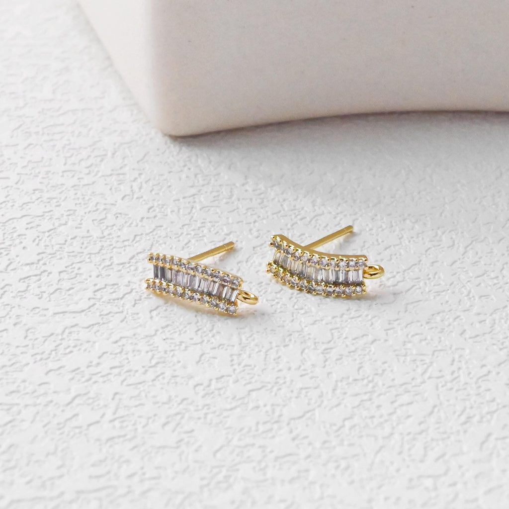 C Shape Ear Post, Nickel Free, CZ Pave, 13*4.8mm, S925 silver pin, 18K Gold Plated Stud Earring Finding D0443