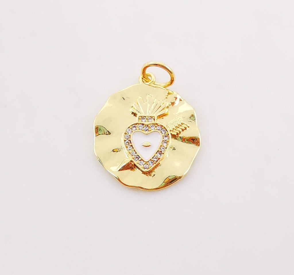 Enamel Evil Eye Charm, Coin Pendant, Heart Charm, 18K Gold Plated CZ Pave Eye Pendant, Necklace Making Charm, Jewelry Findings S385