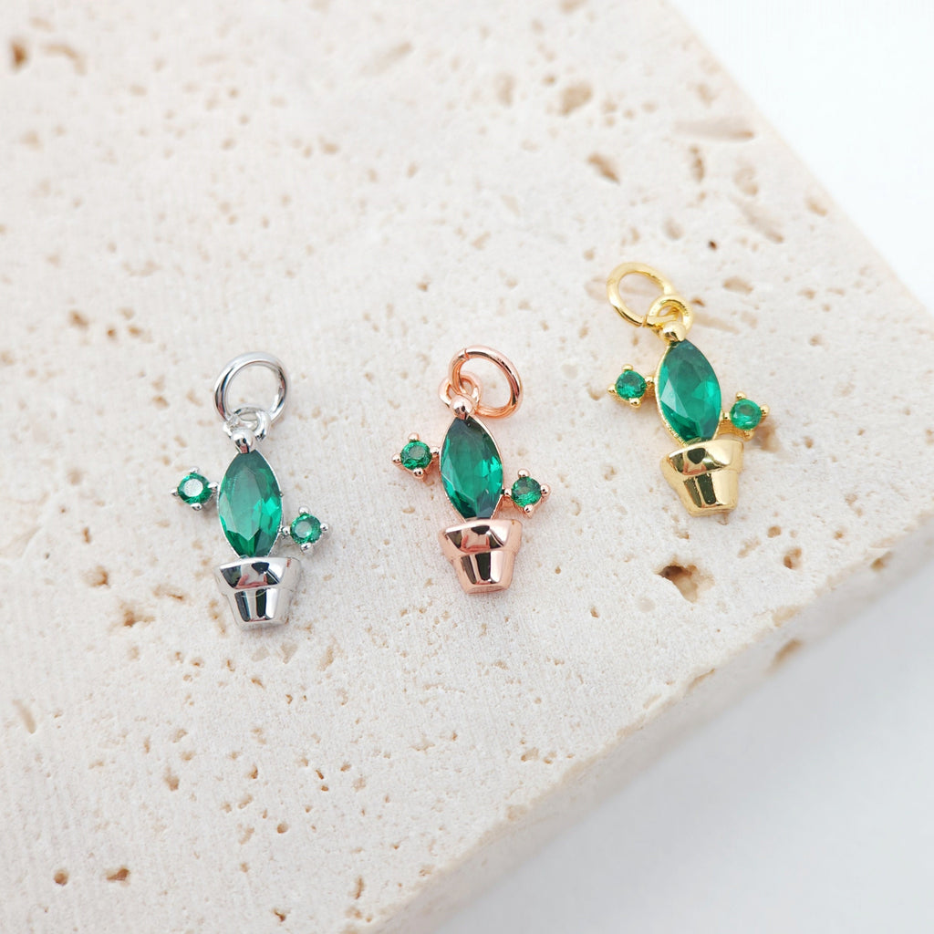 2PCS 10x7mm Green Cactus Charms, 18K Gold Plated Cubic Pave Charms, Tropical Plants Pendant,  Necklace charms, Jewelry Findings S628