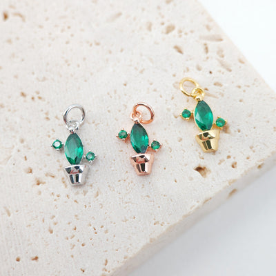 2PCS 10x7mm Green Cactus Charms, 18K Gold Plated Cubic Pave Charms, Tropical Plants Pendant,  Necklace charms, Jewelry Findings S628