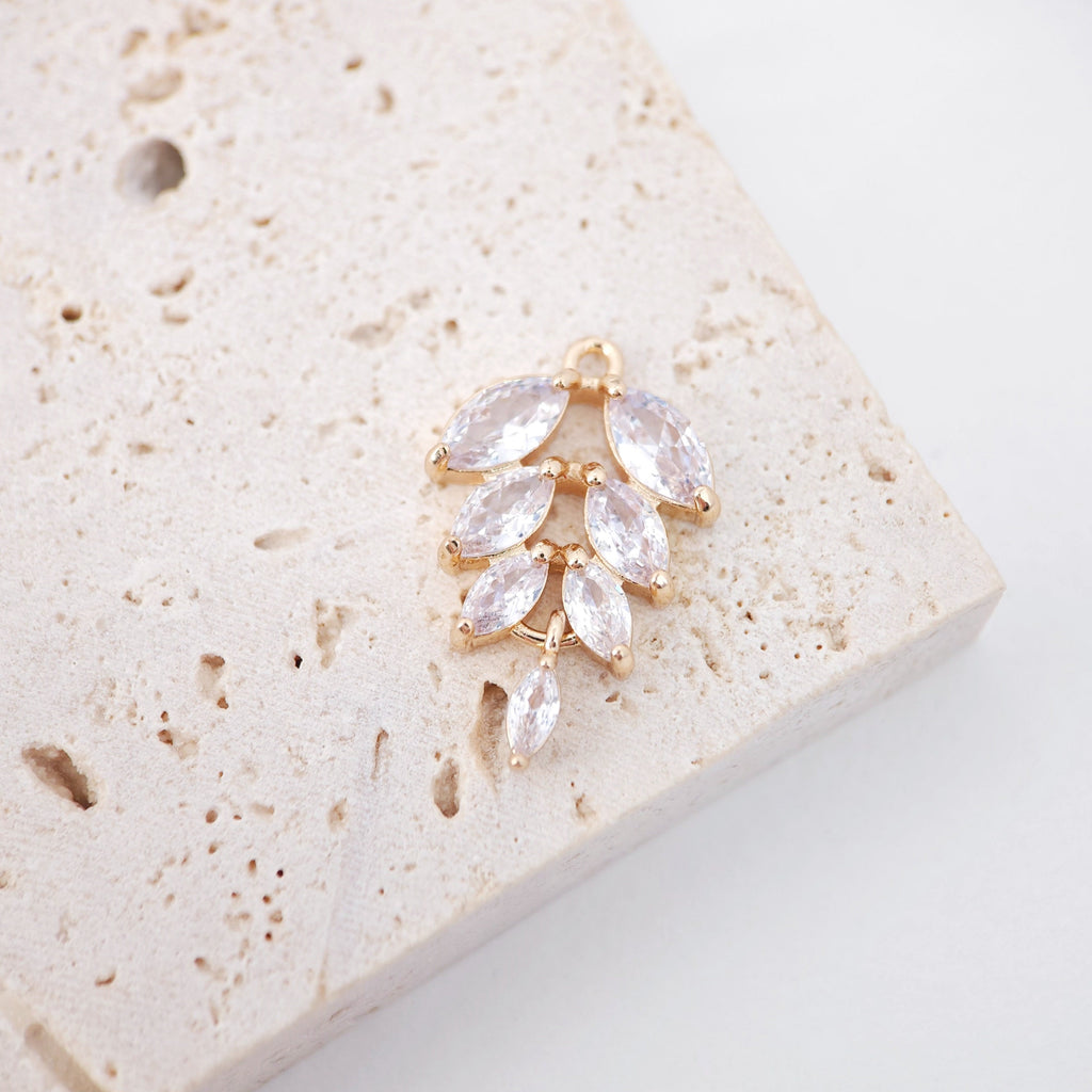 CZ Pave Leaf Charm, Cubic Zircon Crystal Leaf Pendant, CZ Earring Charms,  Gold Plated Brass Earring Charms, Jewelry Findings F267