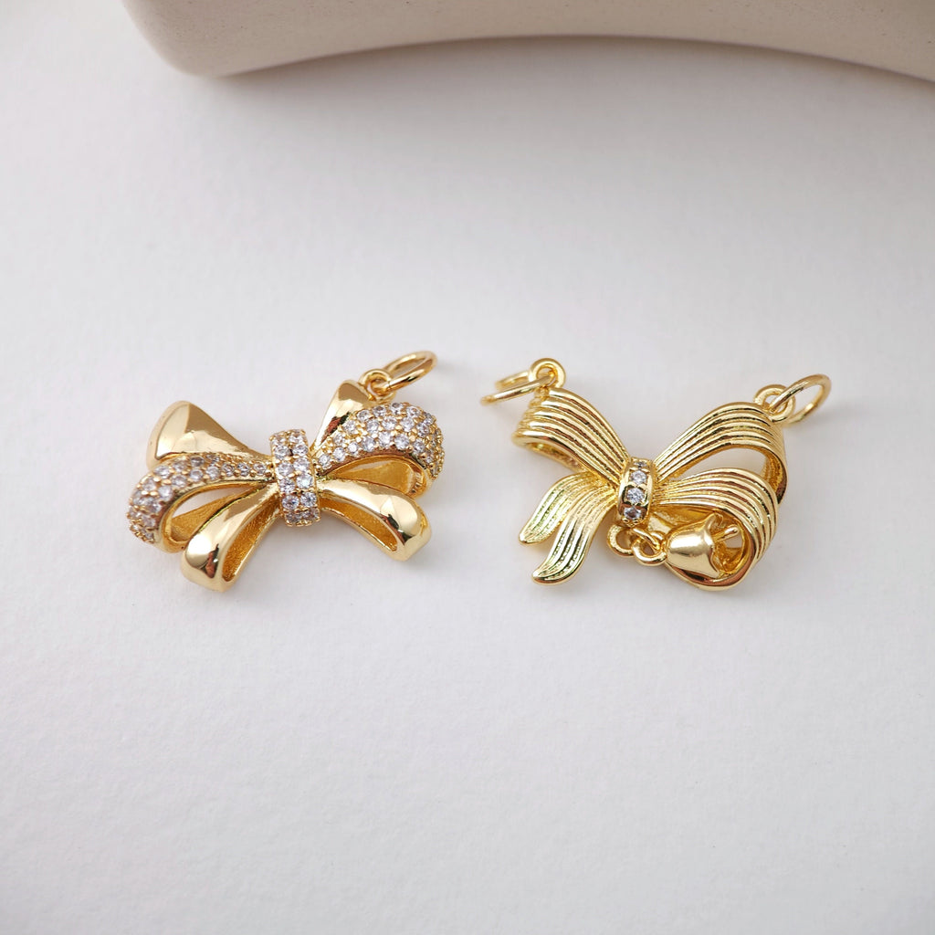 CZ Pave Bow Tie Charm, Cubic Zircon Crystal Bow Tie Pendant, Bracelet Necklace Pendant, Gold Plated, Jewelry Findings S1219