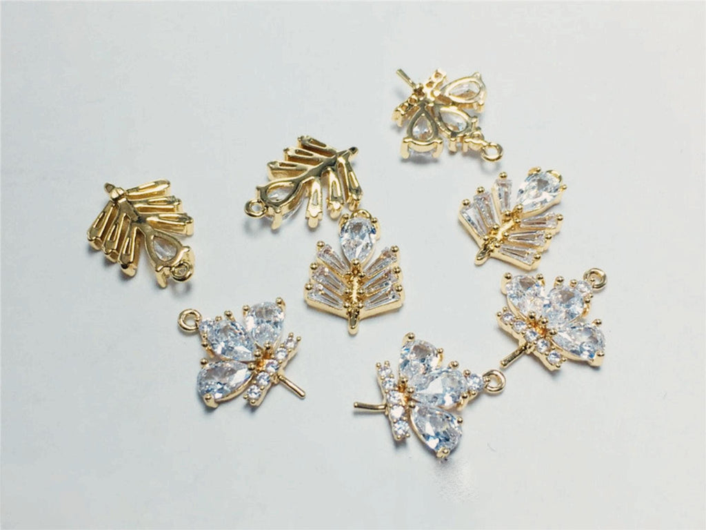 Leaf Charm, Cubic Zircon Crystal Flower Pendant, CZ Earring Charms,  Real Gold Plated Brass Earring Charms, Jewelry Findings STG024-F174