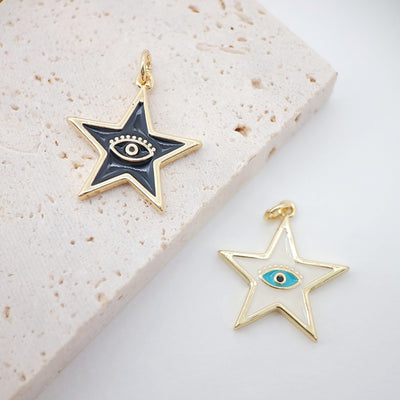 Enamel Star Charm, 18K Gold Plated Evil Eye Pendant, 20x22mm, Necklace Bracelet Making Pendant, S993