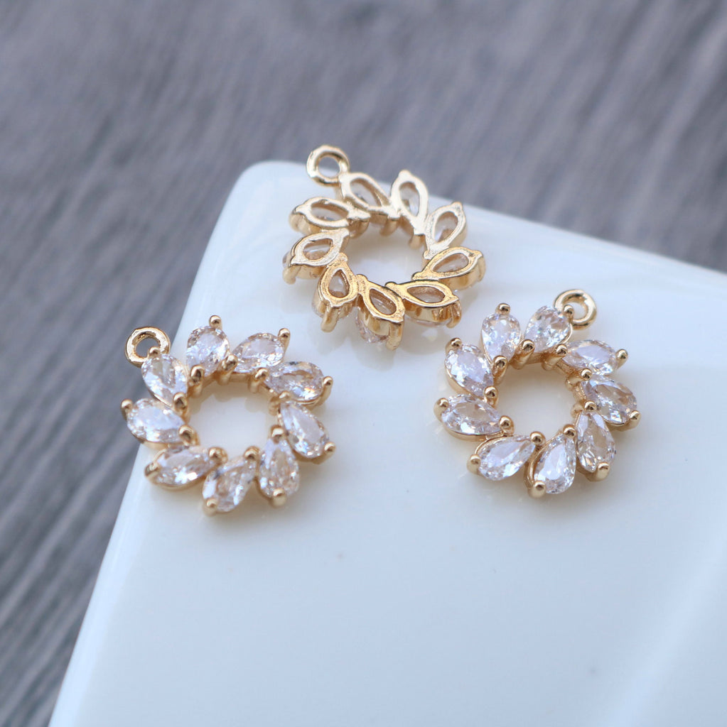 CZ Flower Charm, Cubic Zircon Crystal Flower Pendant, CZ Earring Charms,  Real Gold Plated  Earring Charms, Jewelry Findings HL006-F020