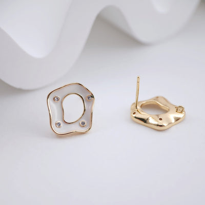 White Enamel Post Earrings,  Cutout Circle Zircons Earring Post with Loop, Handmade Earring Finding, DIY Earring Supplies ZX220