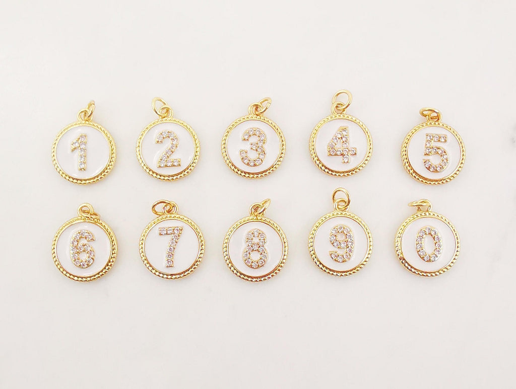 Number Charms, 0~9, Birthday Number Charm, You Choose, Coin Cubic Pave, 18K Gold Plated, Necklace Making Pendants, Jewelry Findings S20245