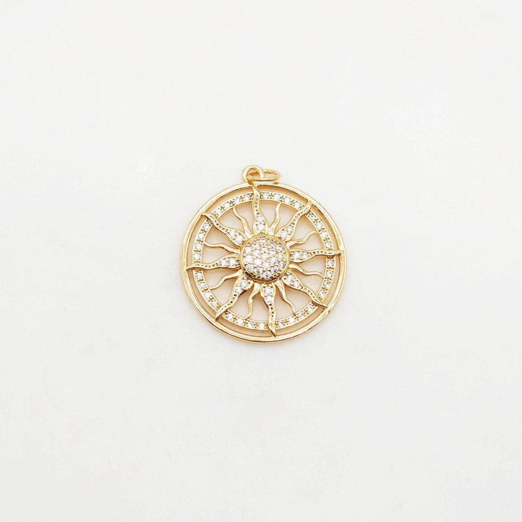 Sun Charm, Sunny Round Pendant, 18K Gold Plated Micro CZ Pave, 26mm, Necklace Making Charm, Jewelry Findings S20394