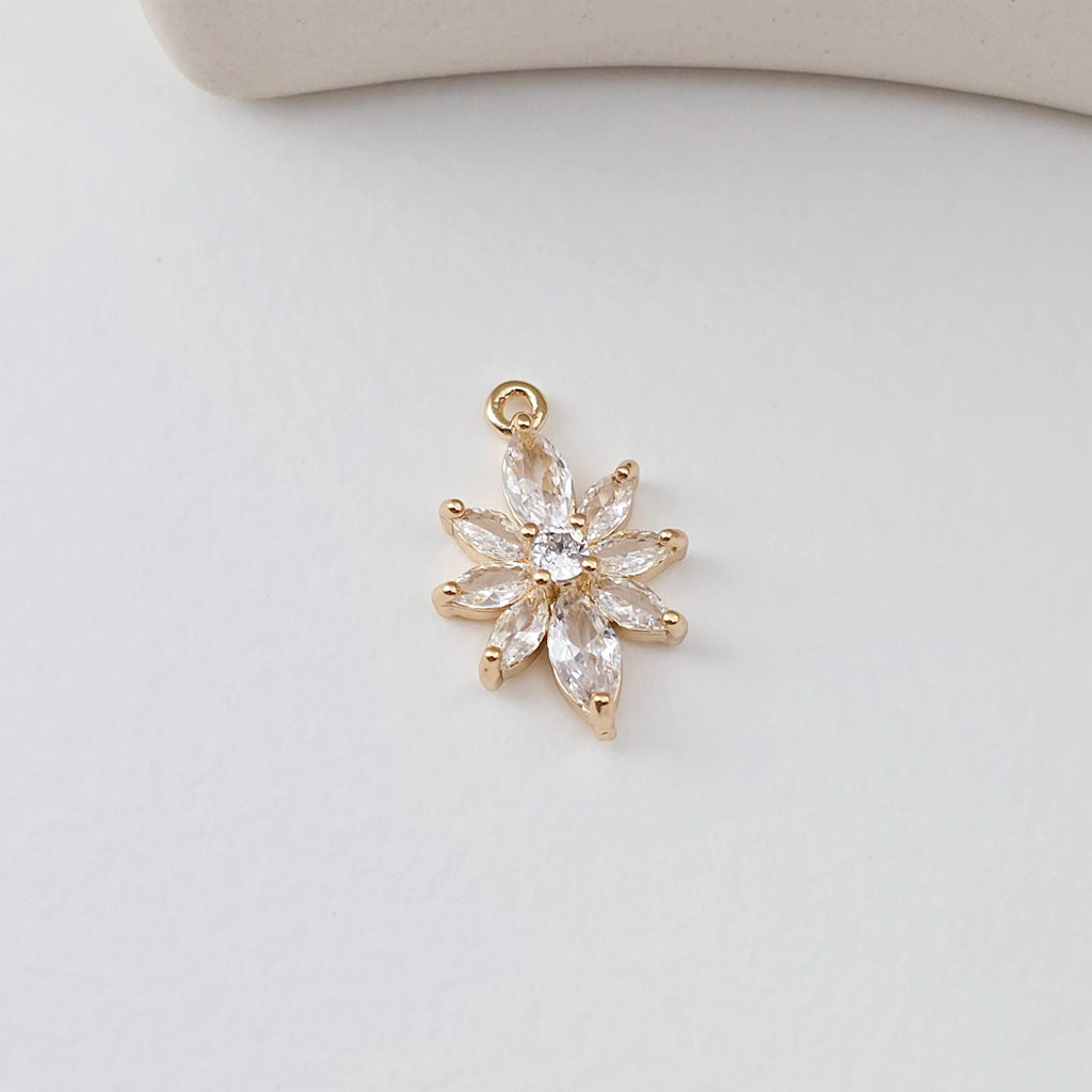 Flower Charm, Cubic Zircon Crystal Flower Pendant, CZ Earring Charms,  Real Gold Plated Brass Earring Charms, Jewelry Findings D0297