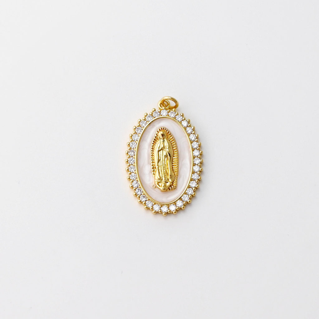 Cubic Saint Maria Charm, Religious Pendant, 18K Gold Plated Micro CZ Pave Our Lady Pendant, Vintage Necklace Making Charm S20827