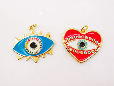 Enamel Evil Eye Charm, 18K Gold Plated Micro CZ Pave Heart Shape Eye Pendant, 23mm, Necklace Making Charm, Jewelry Findings S896-7