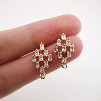 Cubic Zirconia Rhombus Post Earrings, Gold Earring Post with Loop, Hypoallergenic, Earring Findings, Handmade Earring Supplies D0033