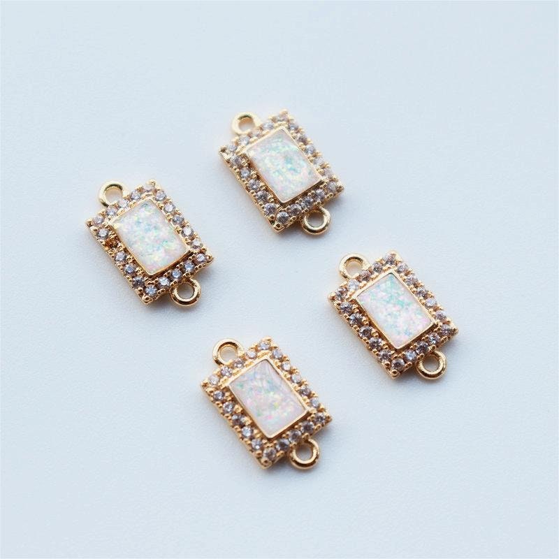 5pcs Faux Opal Rectangular Connectors, Cubic Zircon Crystal Pendant, Bracelet Necklace Pendant, 14K Gold Plated, Jewelry Findings JY083-F029
