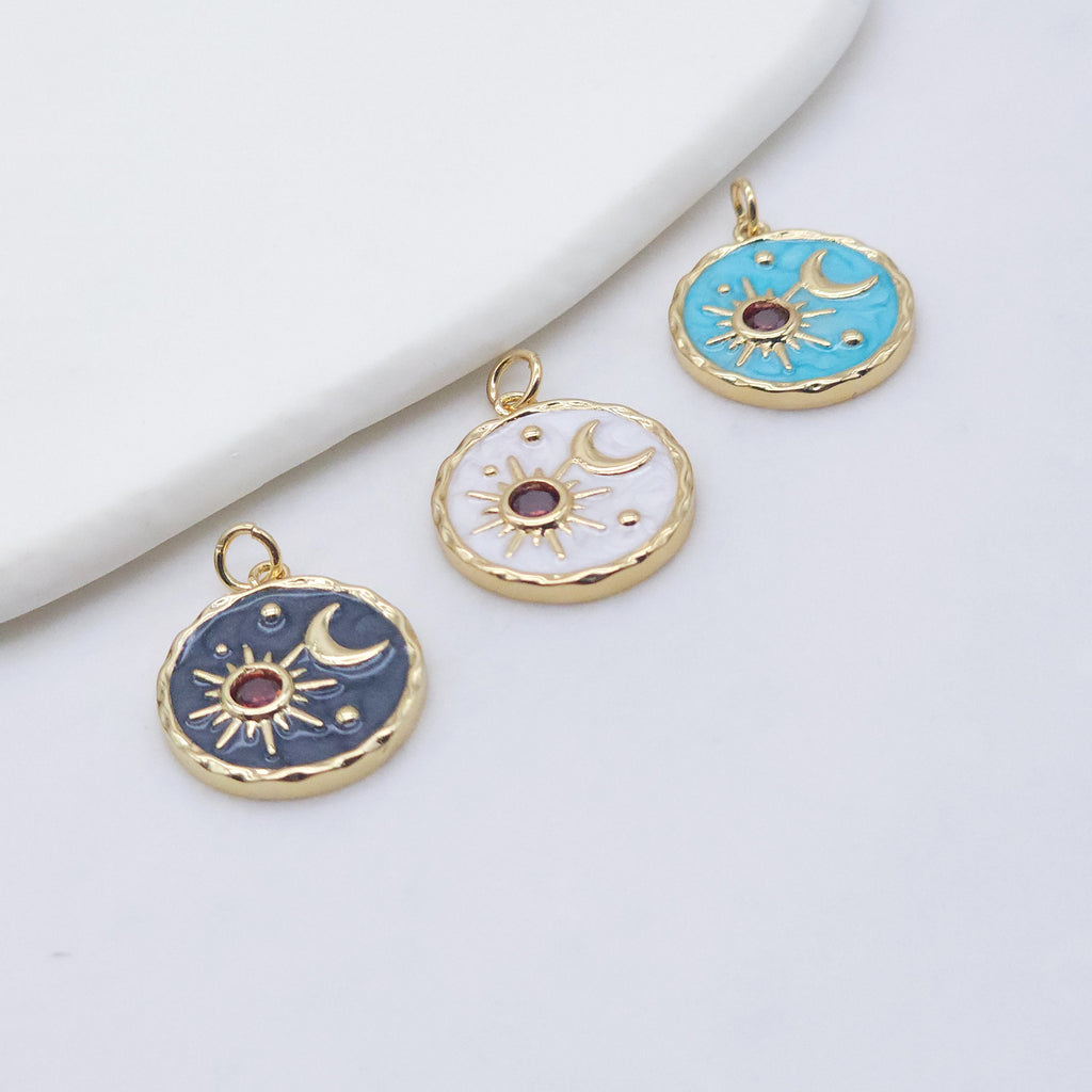 Enamel Cubic Moon & Star Charm, 18K Gold Plated Multicolor Pave Round Pendant, 18mm, Necklace Making Charm, Jewelry Findings S20235