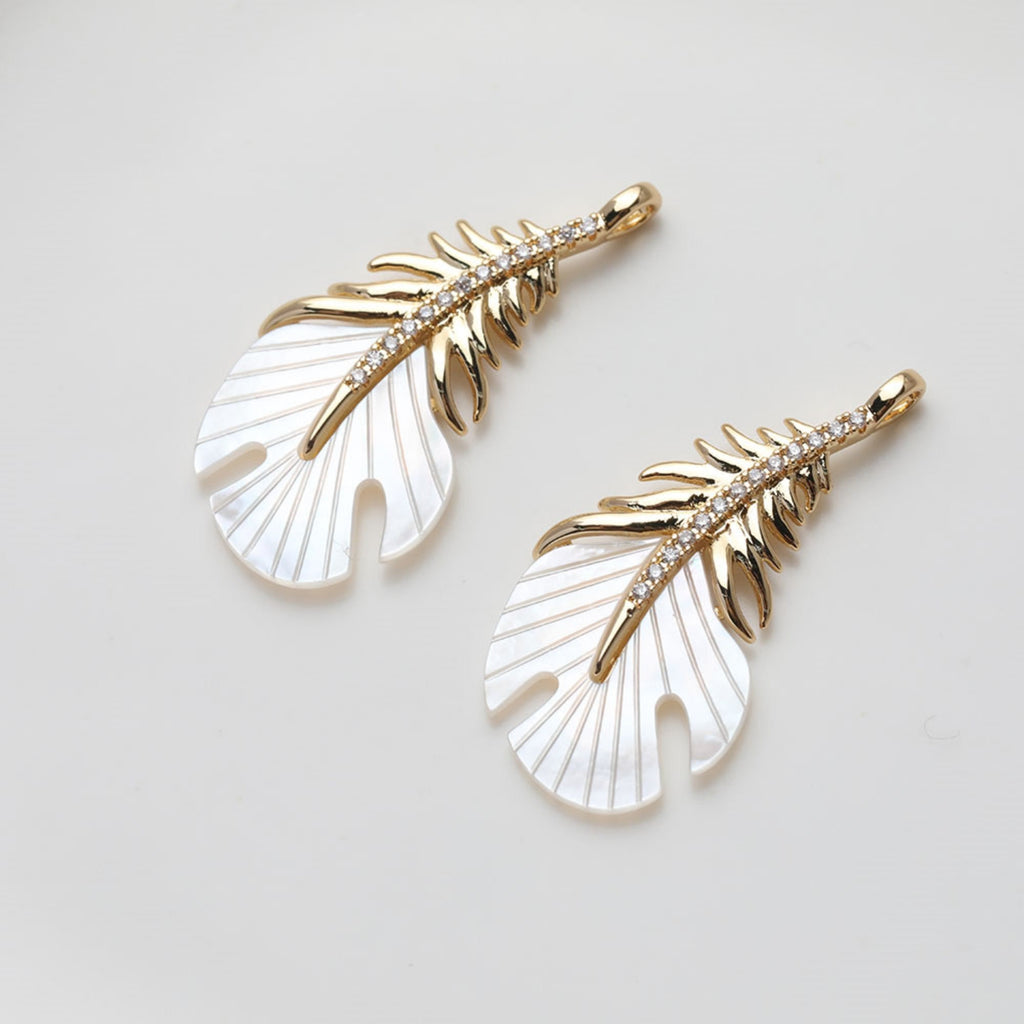 Feather Shell Pendant, Real Gold/Silver Plated, CZ Pave, Jewelry Making Findings GZ533