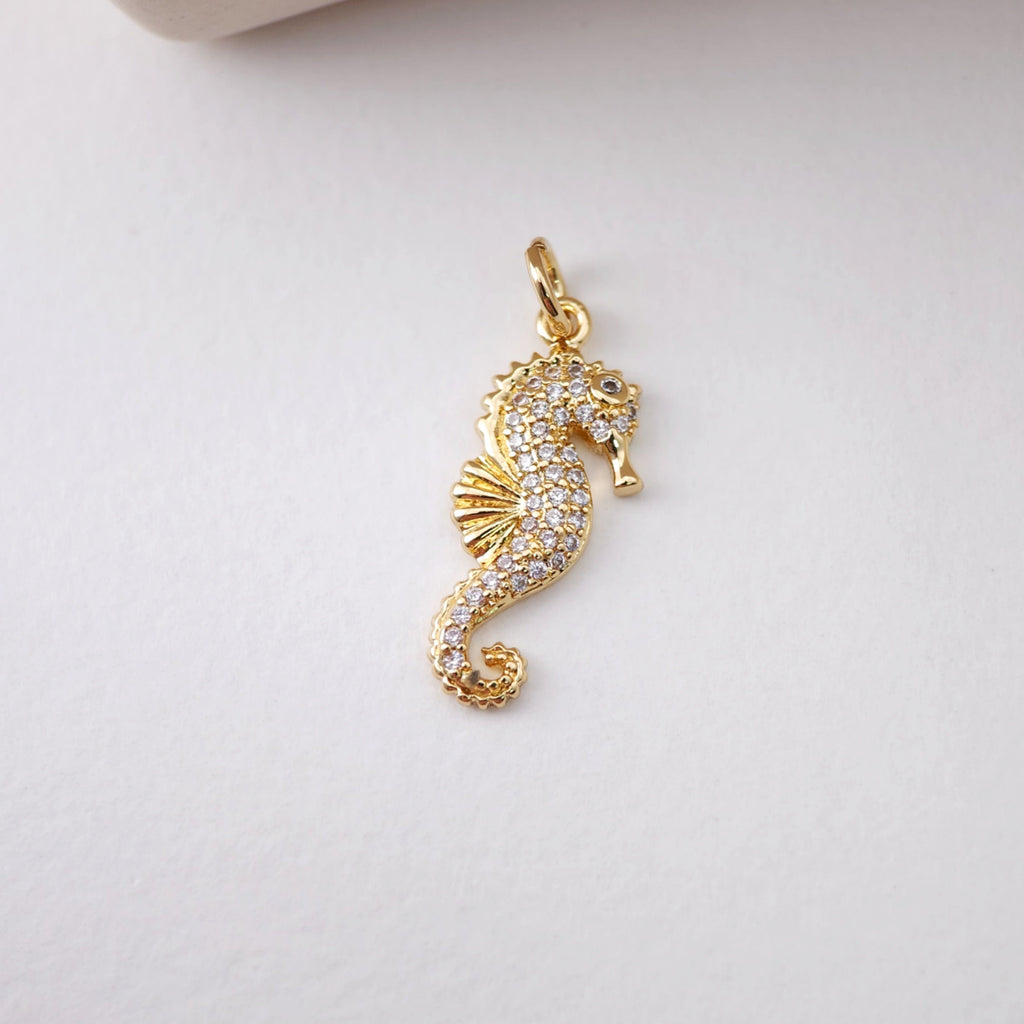 Seahorse Charms, Mermaid Pendant, 18K Gold Plated Cubic Micro CZ Pave Charms, Seahorse Pendant for Necklace Jewelry Findings S1218