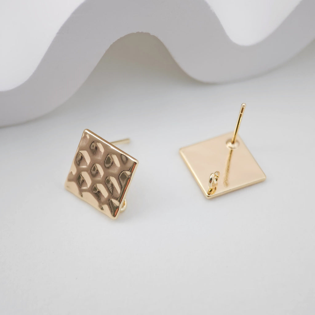 14K Gold Square Hammered Post With Loop, Square Stud Earring Nickel Free, 12mm, Hypoallergenic Earring Findings ZX171