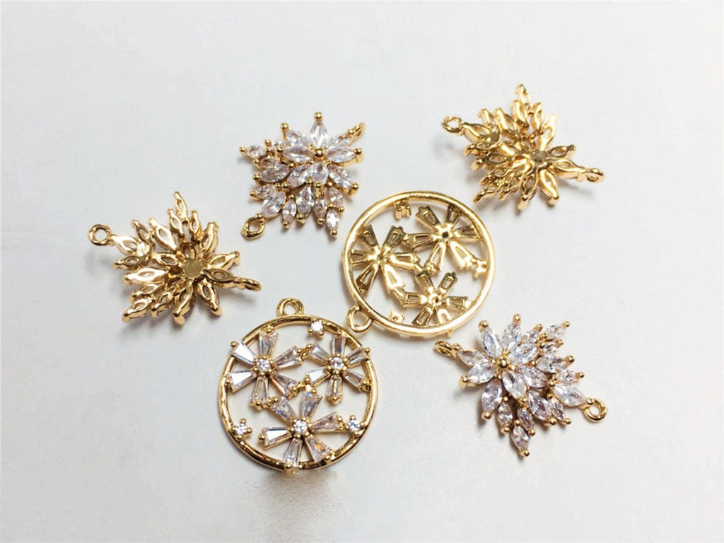 Dije de flor, colgante de flor de cristal de circonita cúbica, dijes para pendientes de circonita cúbica, dijes para pendientes de latón chapado en oro auténtico, accesorios de joyería STG021-F207