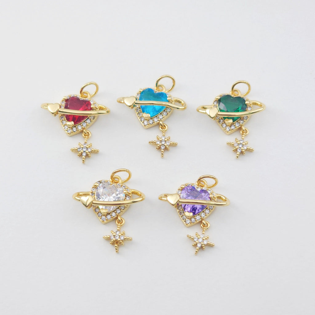 Heart Planet Charms, Cubic Pave Planet Pendant, 18K Gold Plated, Necklace Making Charms, Jewelry Findings S1164