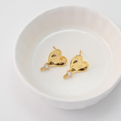 Heart Earrings Post With Loop, Pave CZ, 18K Gold Plated, Nickel Free, S925 Silver Pin, Ear Stud Hypoallergenic Earring Findings D0454