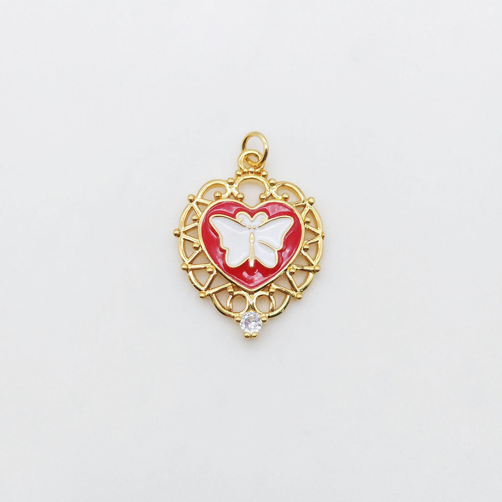 Enamel Butterfly Dangle Pendants, Heart Shape, 18K Gold Plated Enamel Butterfly Pendant, Earring Making Charm, Jewelry Findings S20552