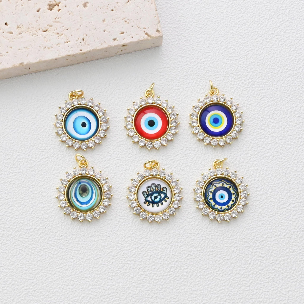 Evil Eye Charm, Enamel Devil's Eye Charm, Pave CZ, Round Pendant, 18K Gold Plated, Necklace Making Charm, Jewelry Findings S1347