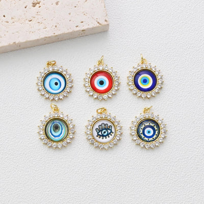 Evil Eye Charm, Enamel Devil's Eye Charm, Pave CZ, Round Pendant, 18K Gold Plated, Necklace Making Charm, Jewelry Findings S1347