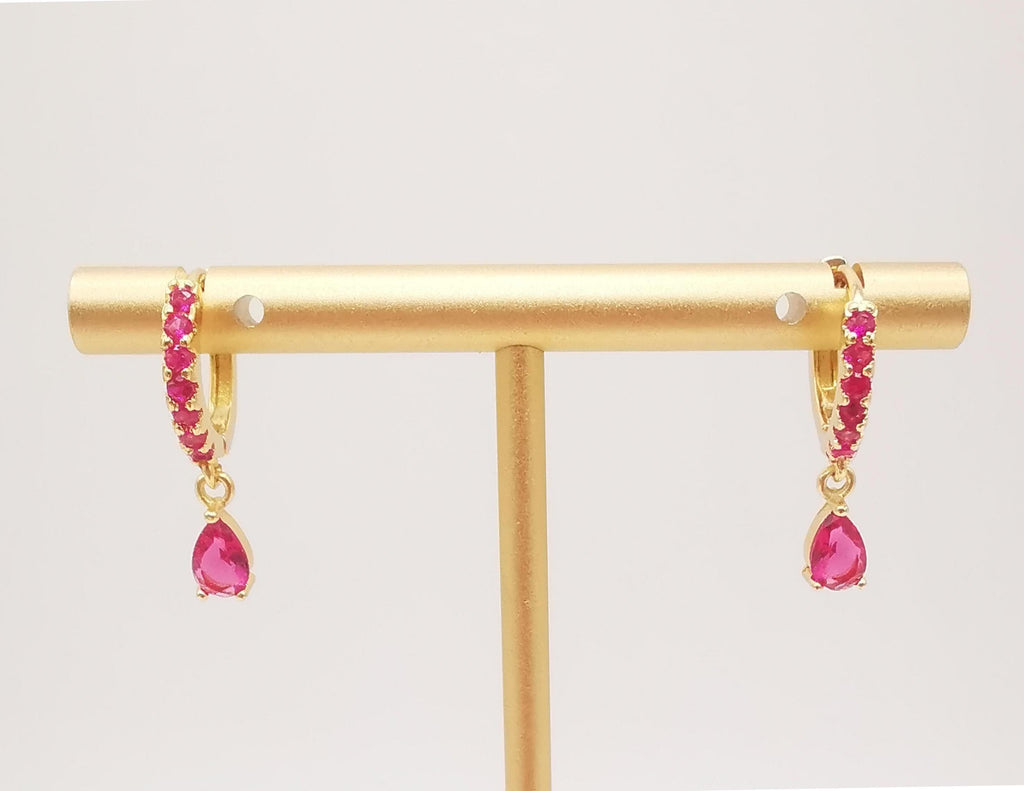 Cubic Ear Hoops Multicolor Pave Crystal, With Tear Drop Crystal, 23mm, 18K Gold Plated Leverback Earrings, Huggie Hoops Earring S20266