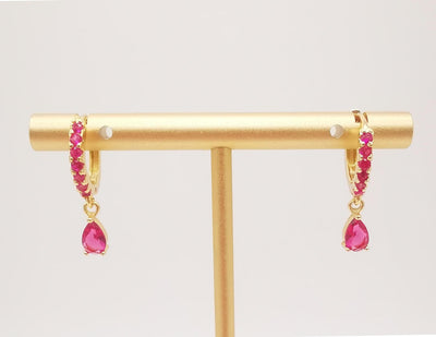 Cubic Ear Hoops Multicolor Pave Crystal, With Tear Drop Crystal, 23mm, 18K Gold Plated Leverback Earrings, Huggie Hoops Earring S20266