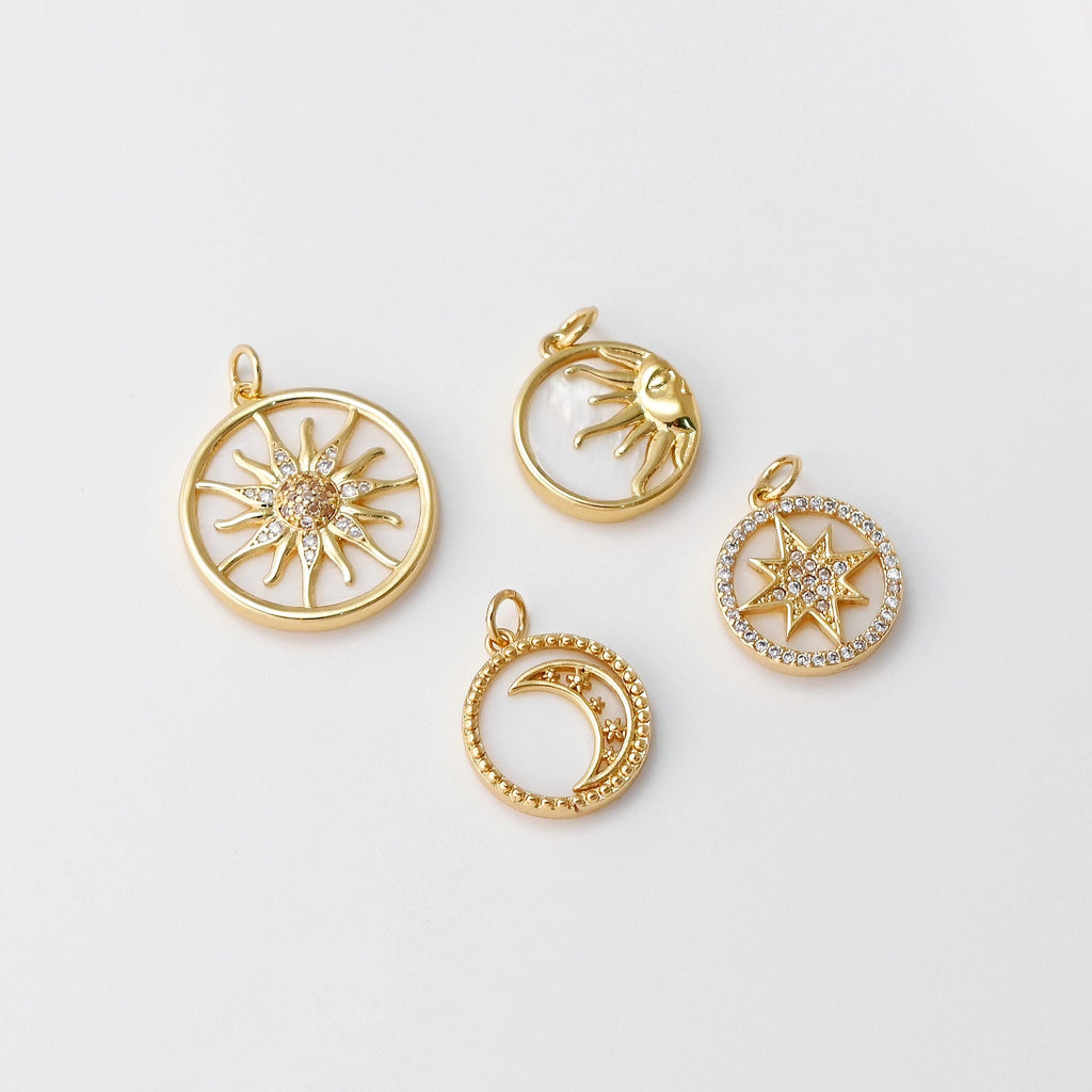 MOP Charm, Sun, Moon Pendant, Mother of Pearl Charm, Bracelet Necklace Making, 18K Gold Plated Jewelry Findings S20664