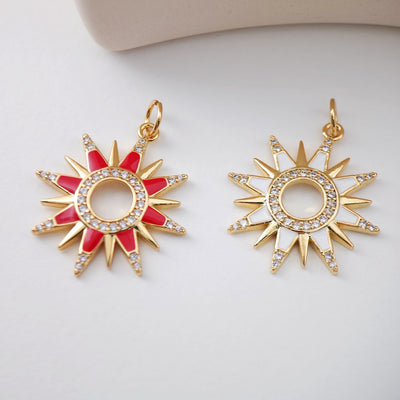 Enamel Sun Charm, Cubic Sunshine Round Pendant, 18K Shiny Gold Plated Micro CZ Pave, 23.5mm, Necklace Making Charm, Jewelry Findings S1135