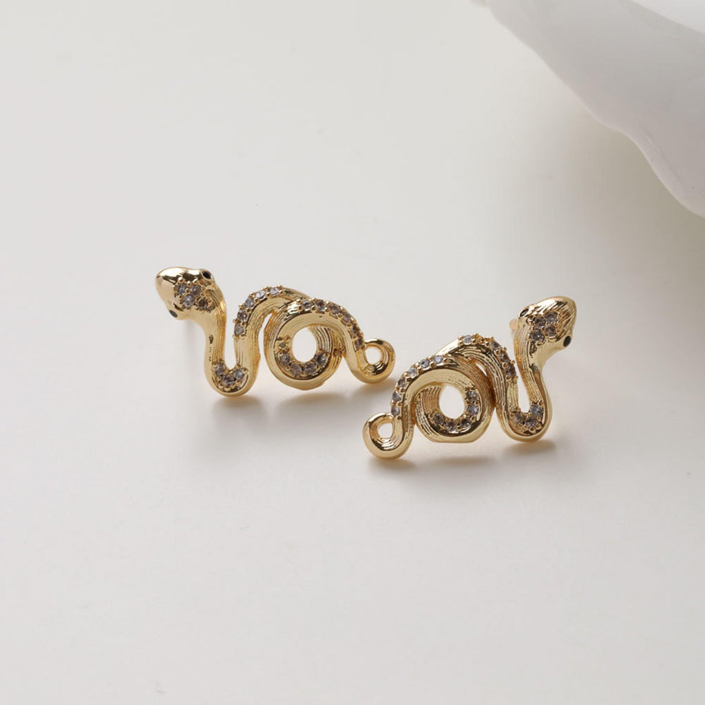 Snake Earrings Post With Loop, 18K Gold Plated, CZ Pave, Nickel Free, S925 Silver Pin, Ear Stud Hypoallergenic Earring Findings GZ779
