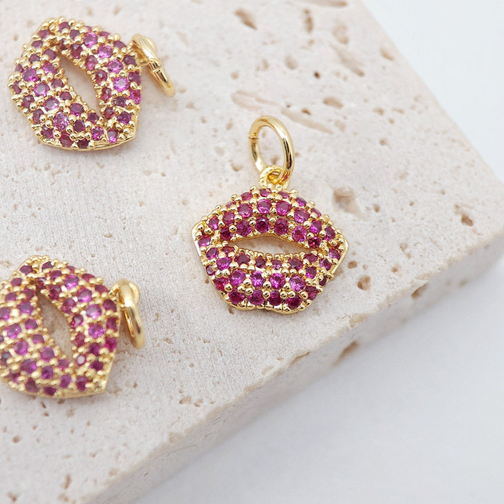 Red Cubic Lip Charms, 18K Gold Lip Pendants, Micro Pave Charms for Necklace/ Bracelet/ Earring Making, Jewelry Findings S212