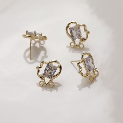 Irregular Pave CZ Earring Post with loops, 14K Gold/Silver Plated, S925 Silver Pin Nickel Free Earring, Hypoallergenic Earring Finding GZ108