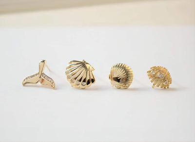 أقراط أذن أنيقة على شكل صدفة/ذيل سمكة مع حلقة، من الذهب عيار 14 قيراطًا، وفضة S925، خالية من النيكل، أقراط أذن مرصعة بالصدف JJ018