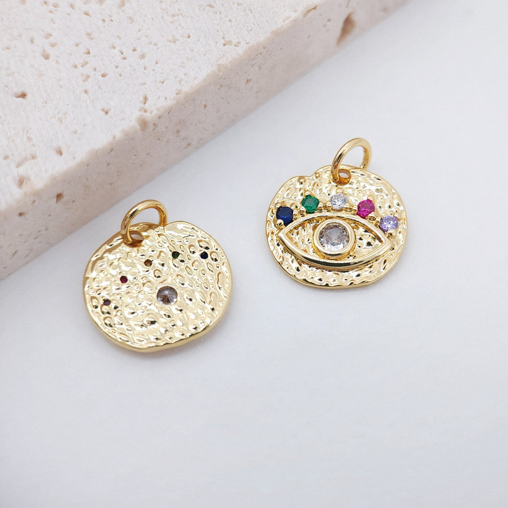 Colorful Cubic Evil Eye Charm, 18K Gold Plated Micro CZ Pave Round Pendant, 14mm, Necklace Making Charm, Jewelry Findings S130