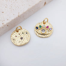 Load image into Gallery viewer, Colorful Cubic Evil Eye Charm, 18K Gold Plated Micro CZ Pave Round Pendant, 14mm, Necklace Making Charm, Jewelry Findings S130
