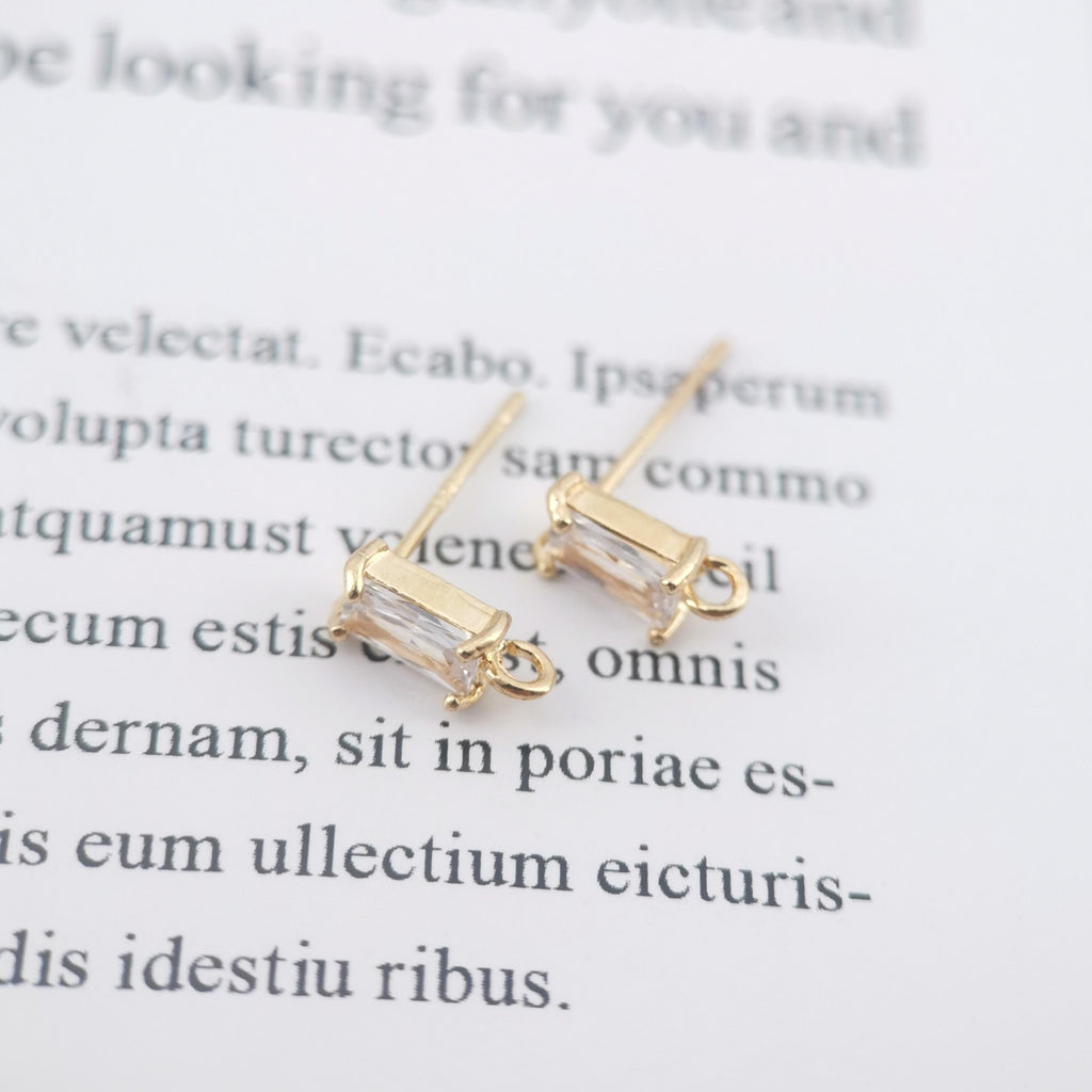 4pcs Rectangular CZ Earring Post With Loop, S925 Silver Pin Nickel Free Post, 18K gold Plated, Hypoallergenic Earring Findings ZX059