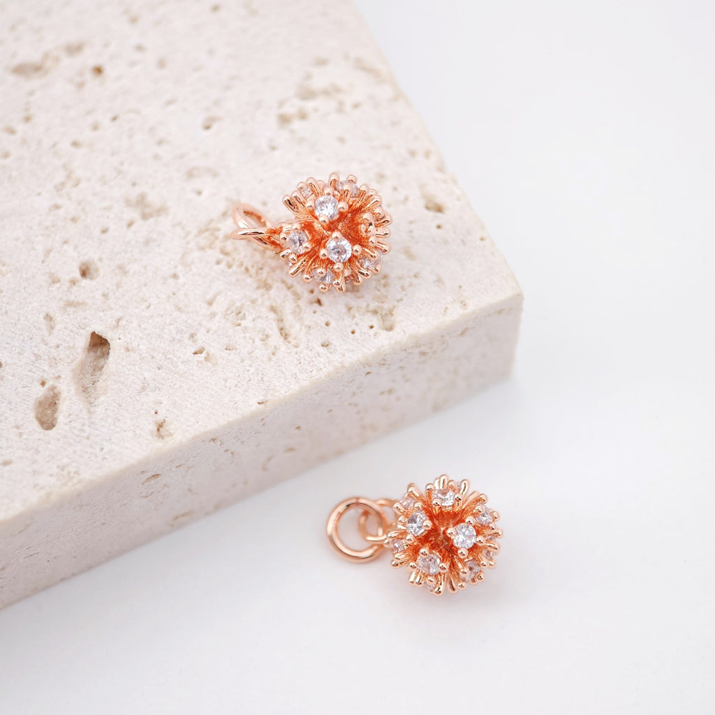 2PCS Tiny 3D Flower Charms, 18K Gold Plated Cubic Pave Charms, CZ Pave Pendant,  Necklace charms, Jewelry Findings S608