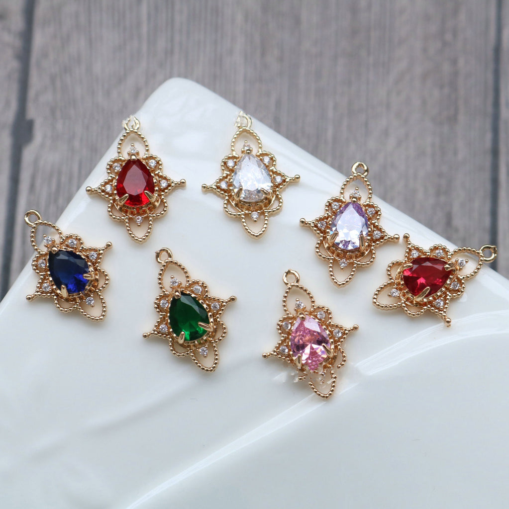 10pcs Flower Charm, Cubic Zircon Crystal Flower Pendant, Gold Plated  Earring Charms, Jewelry Findings HL090-F009