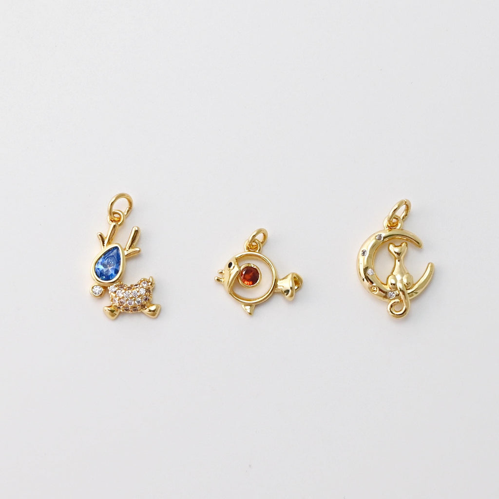 Dijes de ciervo, pez y gato con luna, con circonitas cúbicas pavé, chapados en oro de 18 quilates, para hacer pulseras y pendientes, accesorios de joyería S1442