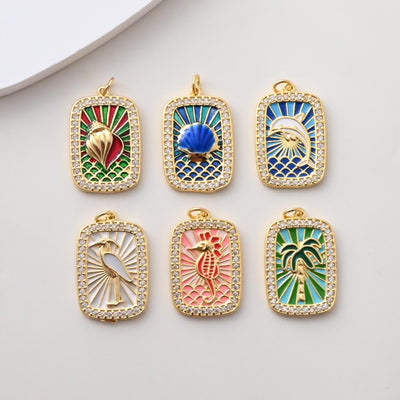 Rectangular Card Charm, Enamel Pendant, 18K Gold Plated, CZ Pave Pendant, Marine Life Pendant, Necklace Making Charm, Jewelry Findings S1388