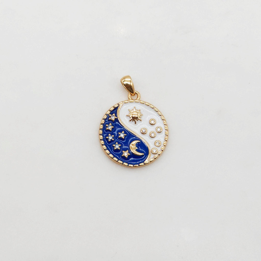 Enamel Cubic Moon & Star Charm, 18K Gold Plated Multicolor Pave Round Pendant, Necklace Making Charm, Jewelry Findings S20385