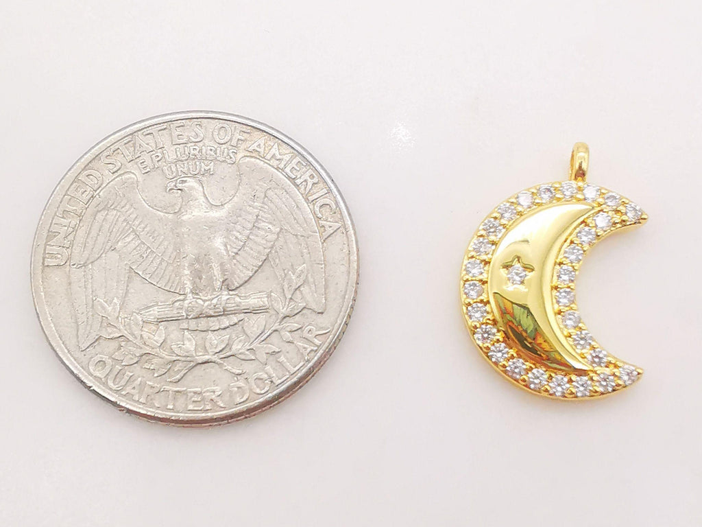 Cubic Crescent Moon Charm, 18K Gold Plated Moon Pendant, Clear Micro CZ Pave Horn Charms, 20x14mm, Jewelry Findings S116