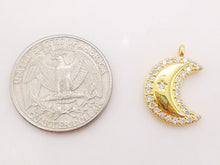 Load image into Gallery viewer, Cubic Crescent Moon Charm, 18K Gold Plated Moon Pendant, Clear Micro CZ Pave Horn Charms, 20x14mm, Jewelry Findings S116