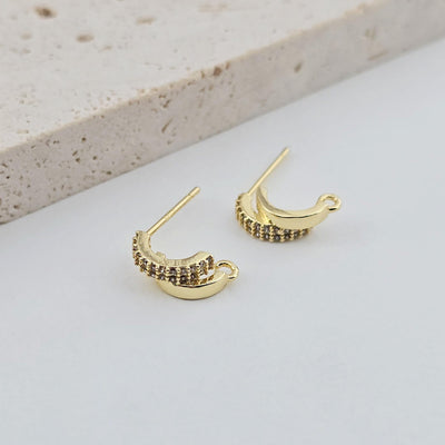 2pcs C Shape Ear Post, Nickel Free, CZ Pave, 12.5*4.5mm, 18K Gold Plated Stud Earring Finding D0239