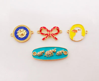 Enamel Connectors, Duck/Bow/Flower/Elephant Connector, 18K Gold Plated CZ Pave, Bracelet Making Charms, Jewelry Findings S1012